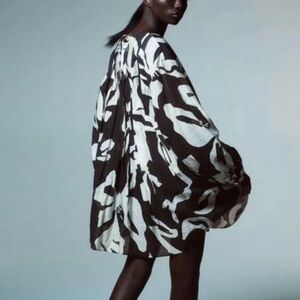 H&M Pintucks Black and White Floral Mini Resort Dress